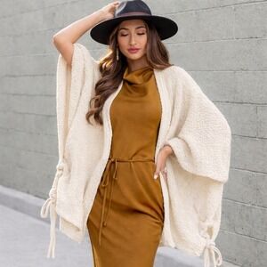 Joy Folie Cream Textured Knit Kimono Cardigan Shawl Tie Sides Women's Size 8